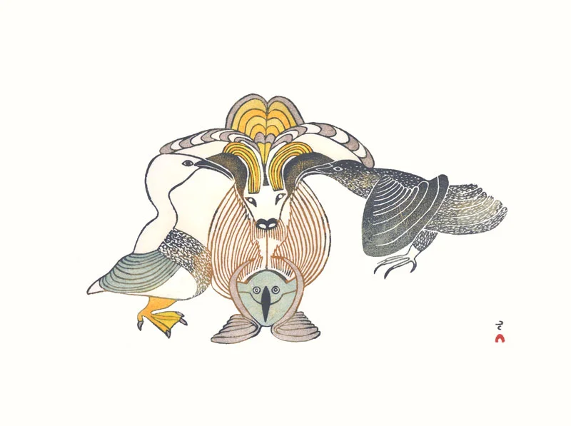 Mayoreak Ashoona ANIMALS CONVERGE Stonecut & Stencil 1984 49.2 x 64 cm $250.00 CDN Released in the 1984 collection Dorset ID#: 84-18
