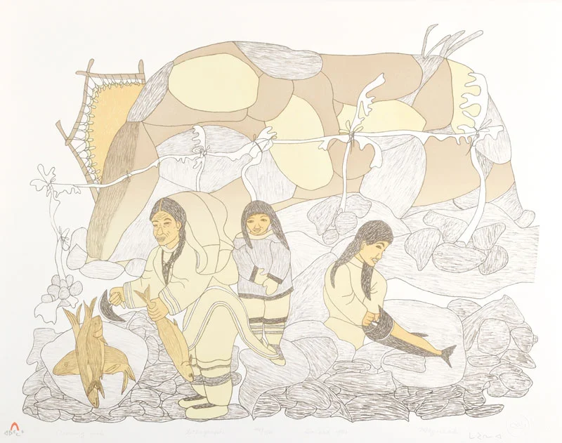 Mayoreak Ashoona CLEANING FISH Lithograph 1981 55.5 x 71 cm $300.00 CDN Released in the 1981 collection Dorset ID#: 81-L20