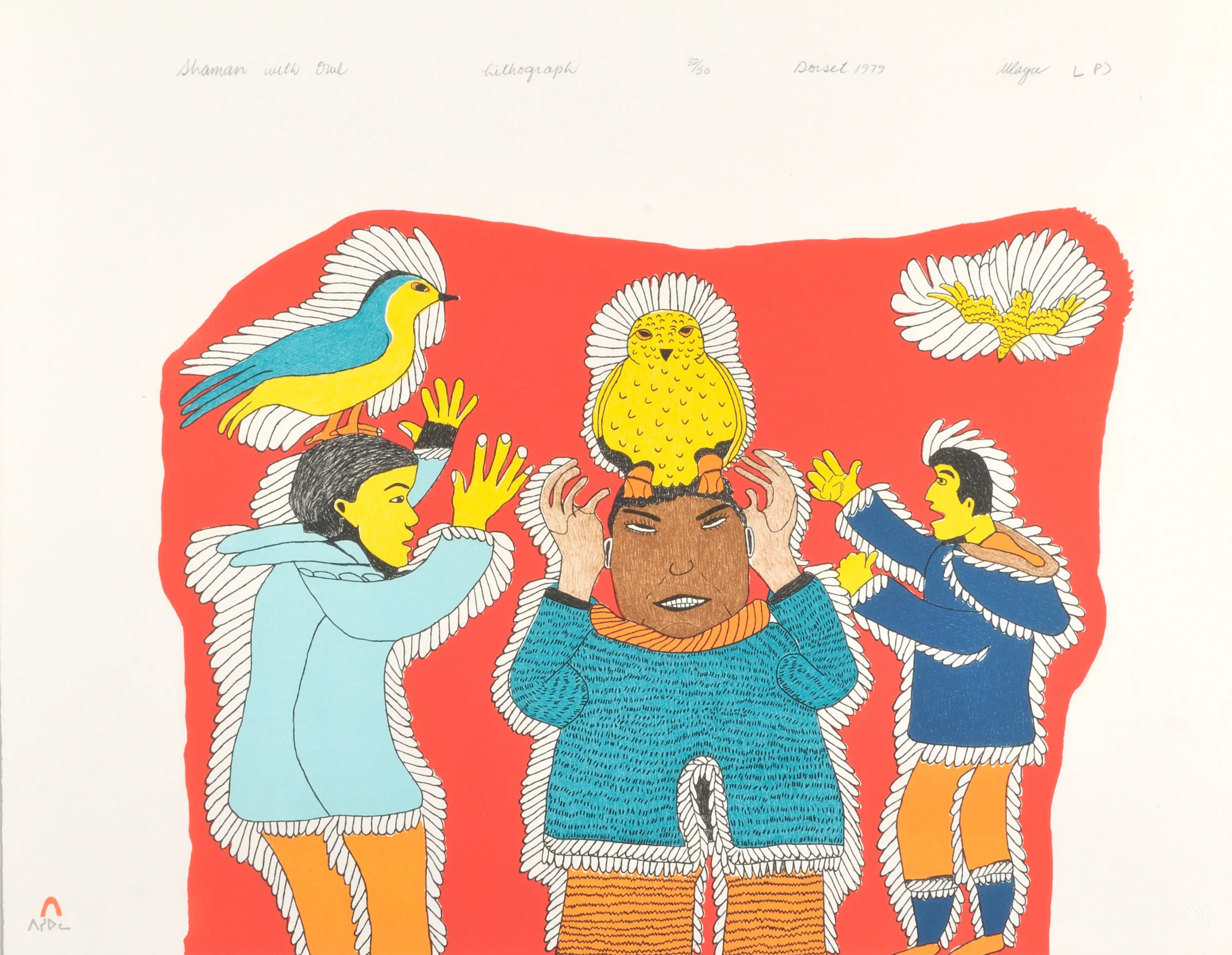 Ulayu Pingwartok SHAMAN WITH OWL Lithograph 1979 51.5 x 66 cm $200.00 CDN Released in the 1979 collection Dorset ID#: 79-L30