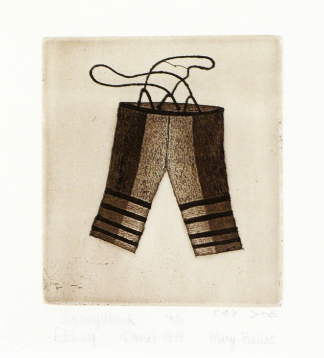 Mary Pudlat SUVINNGITTUUK (SEALSKIN PANTS) Etching & Aquatint 2000 30.9 x 25.5 cm $300.00 CDN Released in the 2000 Spring collection Dorset ID#: 2000-S11