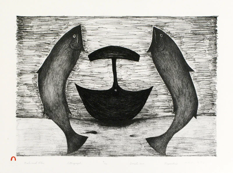 Napachie Pootoogook FISH AND ULU Lithograph 2000 38.2 x 51 cm $350.00 CDN Released in the 2000 Spring collection Dorset ID#: 2000-S13
