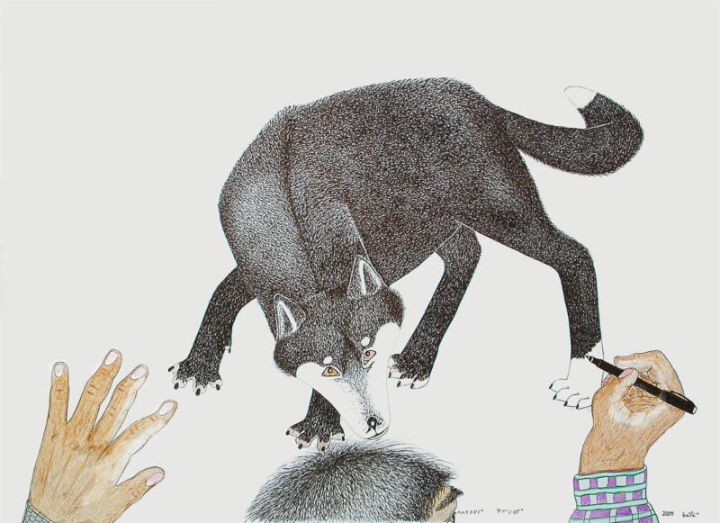 Untitled (Self-Portrait of Kanaginak Drawing a Wolf) 2009, ink and coloured pencil on paper