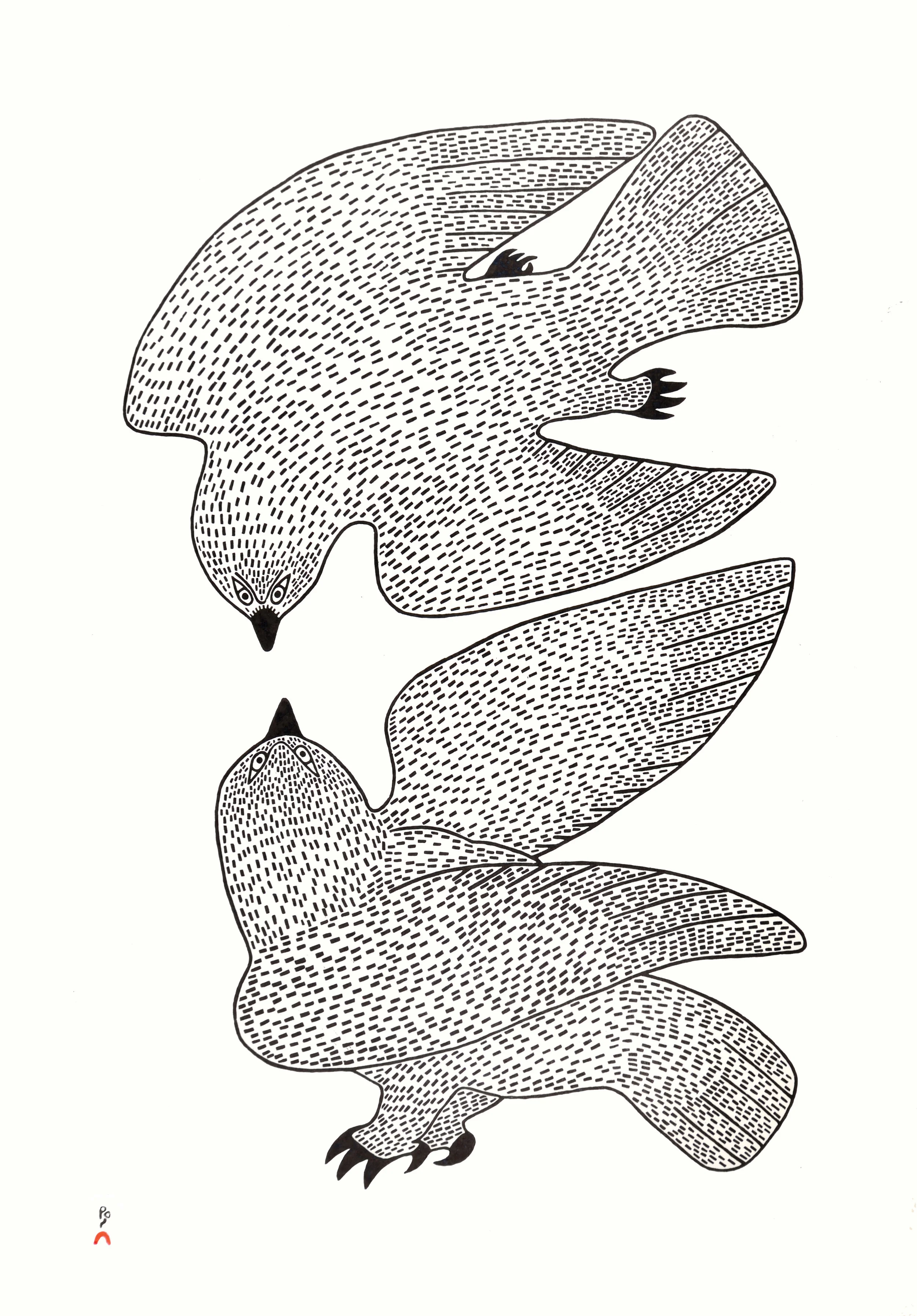 Sparring Owls, 2017 Stonecut Paper: Torinoko Kozo White Printer: Qiatsuq Niviaqsi 68.8 x 48.6 cm