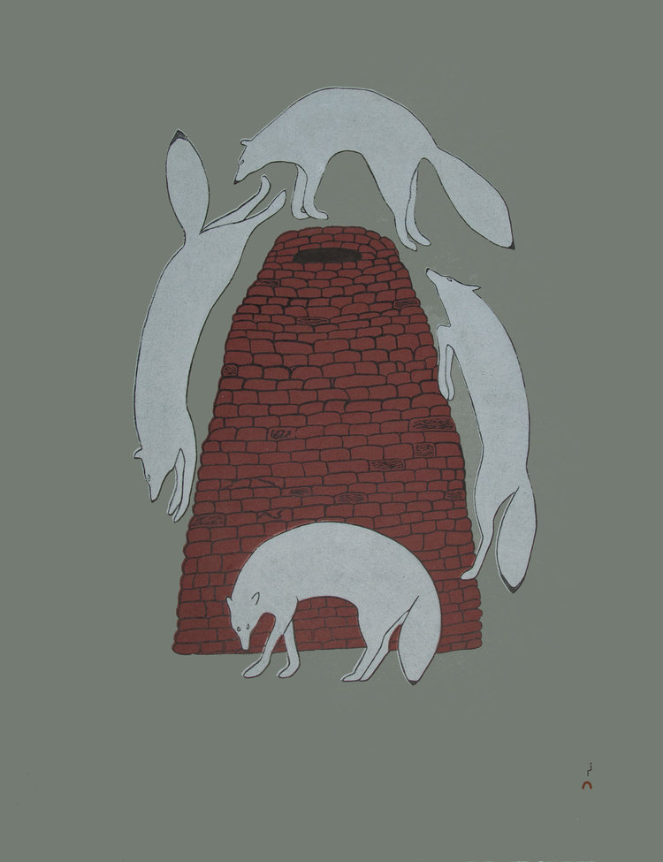 QUVIANAQTUK PUDLAT Sly Foxes Stonecut 80 x 61 cm $800 Dorset ID#18-32