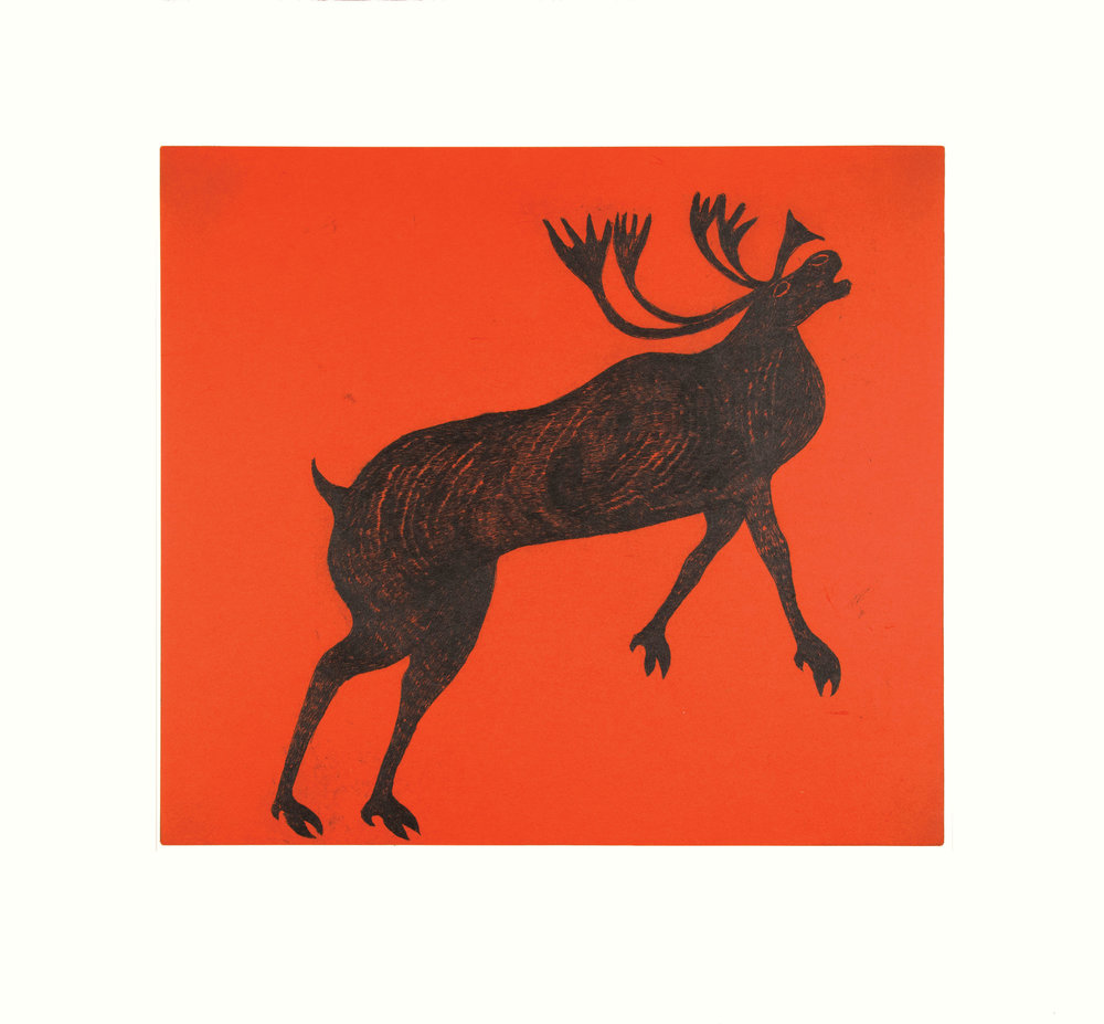 QUVIANAQTUK PUDLAT Rearing Caribou Etching & Chine Collé 66 x 71 cm $900 Dorset ID#18-34
