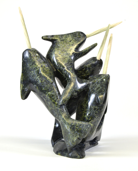 Kakee Ningeosiaq 8001M Narwhals , 2019 serpentinite, antler H8.5” W6.5” D4”