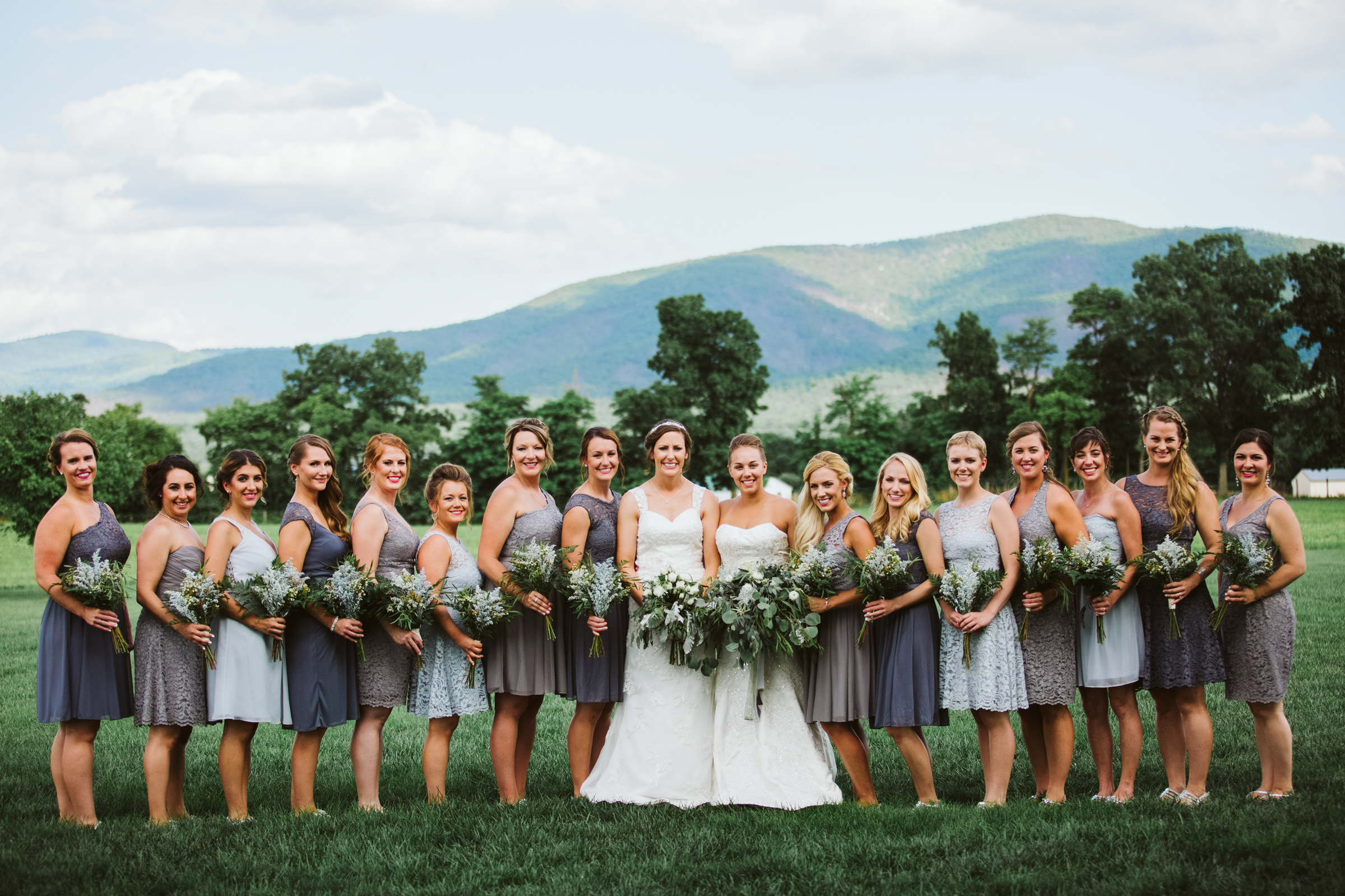 Brides and bridesmaids at the Columns at Six Penny Farm in McGaheysville Virginia