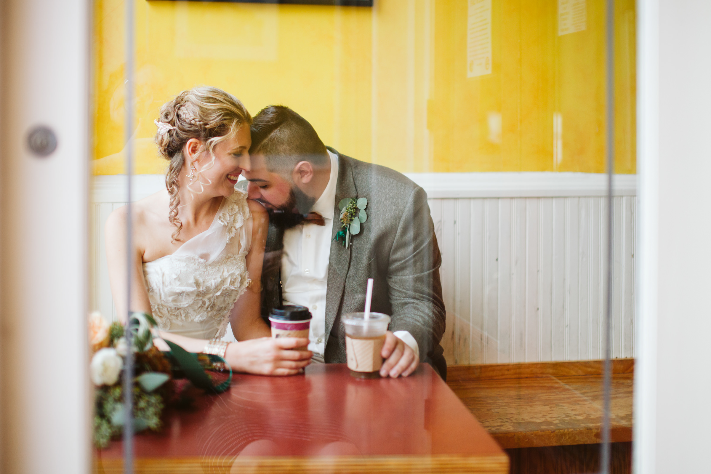 Bride and groom at Hyperion Espresso coffee shop in Fredericksburg Virginia