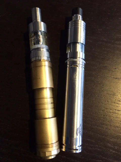 Sentinel M16 clone brass telescoping mechanical mod ($11) with Aspire Atlantis sub-ohm atomizer ($35); Stingray 803 mechanical mod with Fogger V4 RBA ($27)