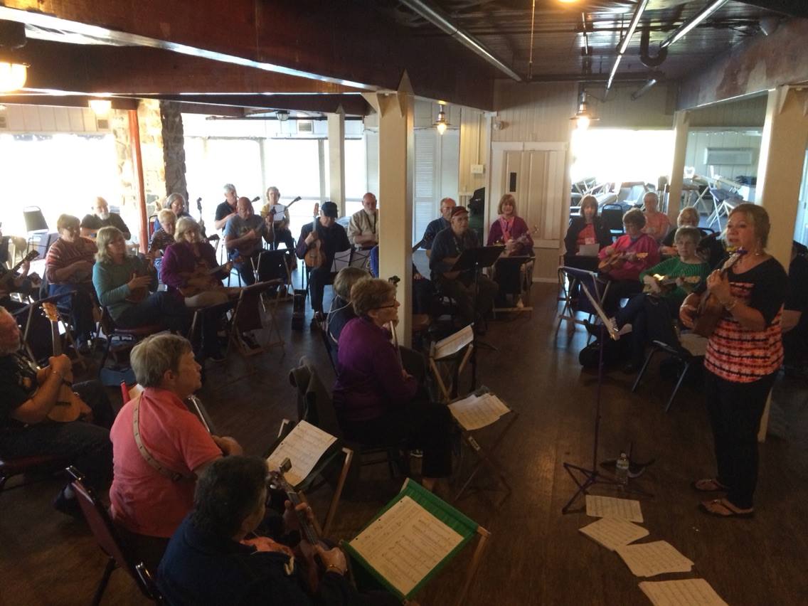 Sharrie George teaches a rather large ukulele workshop.