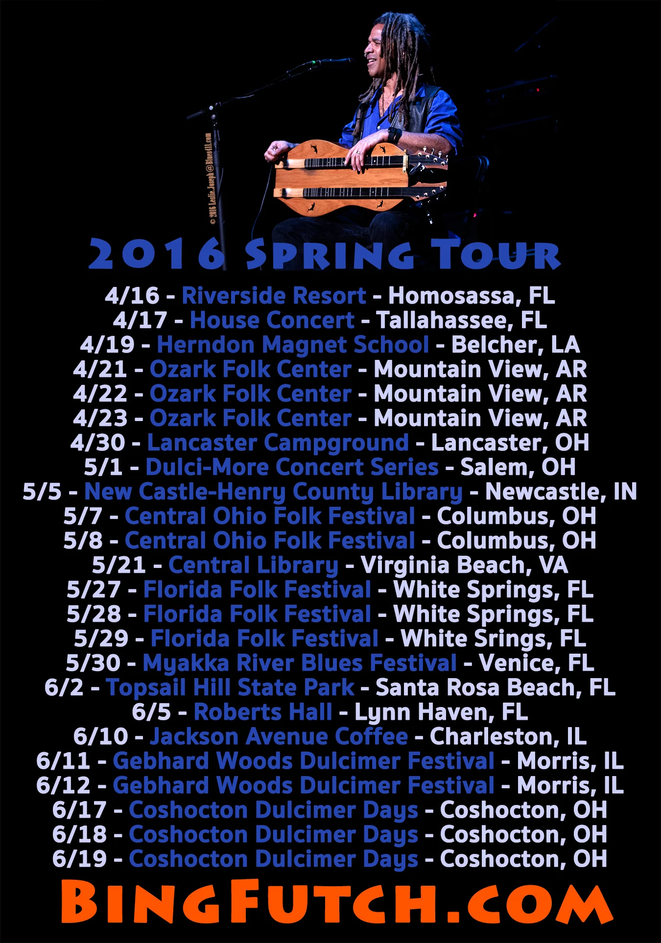 Bing displays his trusty Folkcraft Instruments double-dulcimer to the crowd at The Orpheum Theater above a listing of spring tour dates.