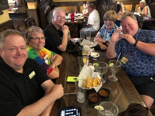 The Folkcraft Instruments crew: (from l to r) owners Richard and Aly Ash, endorsing artists John Keane, Karen Keane and Dave Haas.