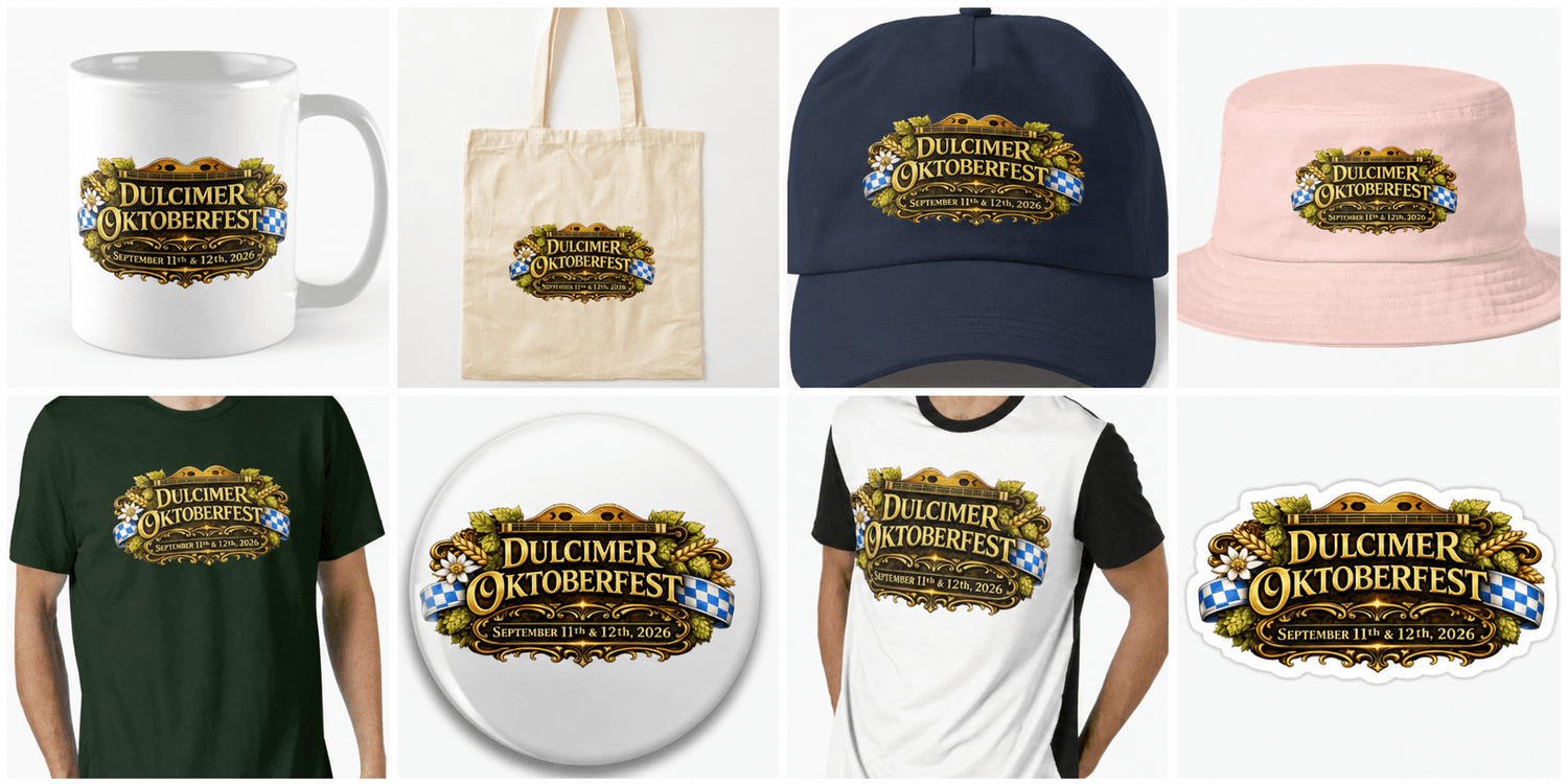Dulcimer Oktoberfest merchandise collection featuring shirts, hats, a mug, tote bag, pin, and sticker