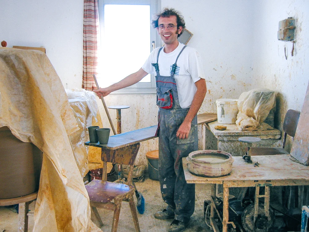 Nikos Lembesis works alongside his father, Yiannis at the wheel producing the same ceramics that his father, and grandfather made.