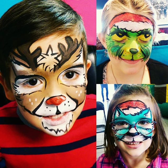 Some fun &amp; festive face paints for the season! Come get your face painted at the #calgaryfarmersmarket until the 23rd (reopening Jan 3rd)
.
.
.
#facepaint #yyc #makeup #cute #kids #Rudolph #rednose #reindeer #grinch #cat #santahat #glitter #Chris