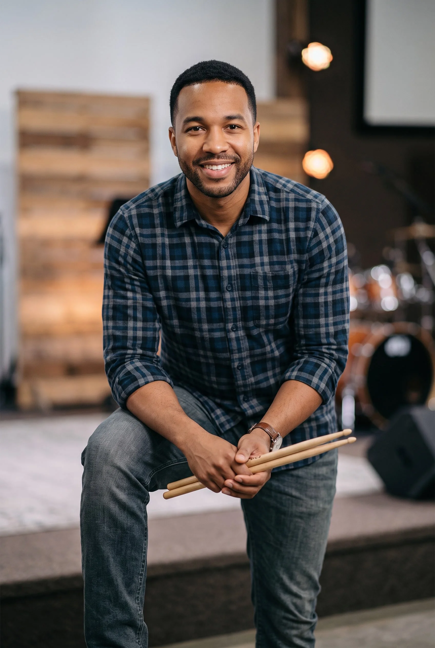 Headshot of a biracial Black/White man in his thirties holding a set of drumsticks.