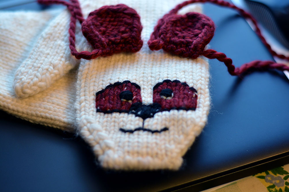 Cute, Cuddly Critter Mittens - Burgundy Panda in progress