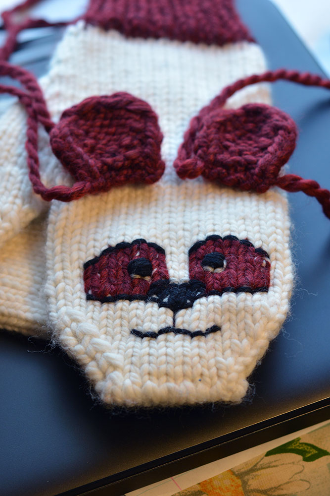 Cute, Cuddly Mitten Pattern - Burgundy Panda in progress