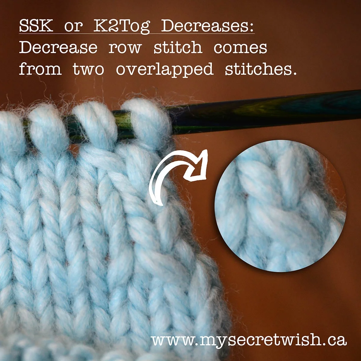 I have decreased twice in this example--the first has the detail, the second is the row just completed on the needle. Can you see it?