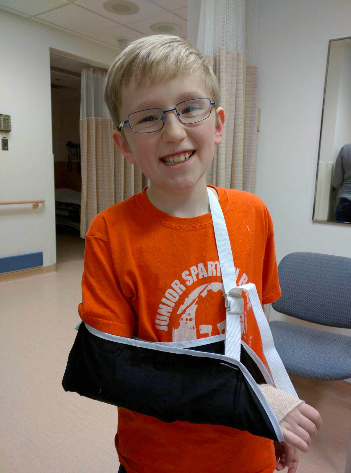 Jabin smiling in Emergency after getting his wrist X-Rayed and wrapped. I'm not sure who this was harder on--me or him. I managed to hold it together during the entire crisis, though, so Yay! me. February 15, 2016