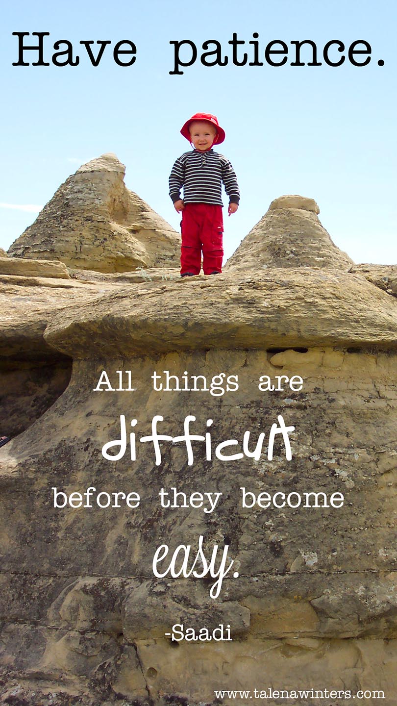 "Have patience. All things are difficult before they become easy." - Saadi. Jabin, age 2.5, after climbing the hoodoos at Writing-On-Stone National Park, just like his big brothers. (Circa 2008.)