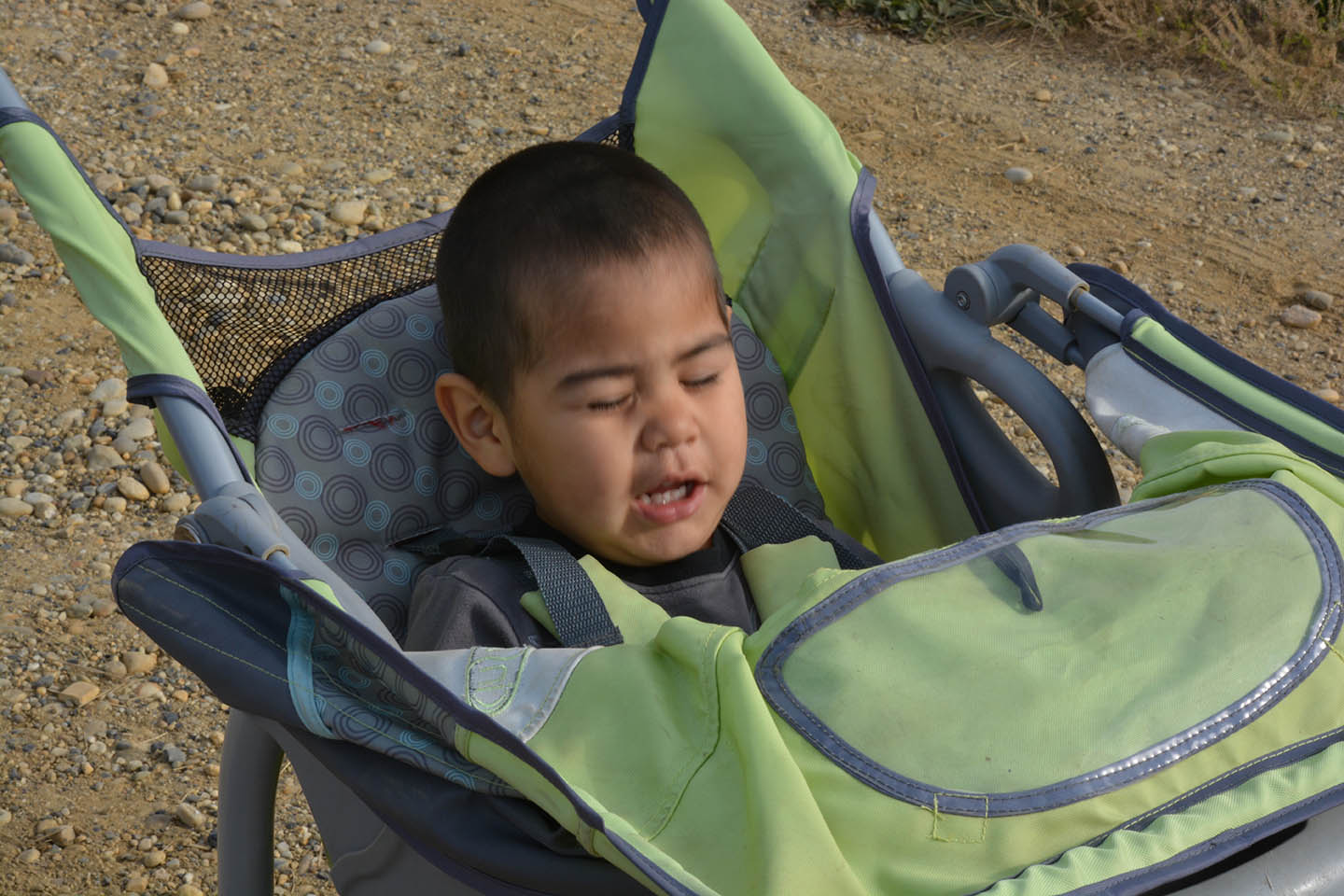 Levi playing "naptime" in his stroller. September 2014. 2 1/2 years.