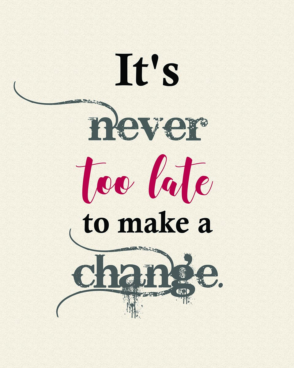  "It's never too late to make a change."  Shareable or printable quote from  Finding Heaven &nbsp;by Talena Winters. 8"x10" 