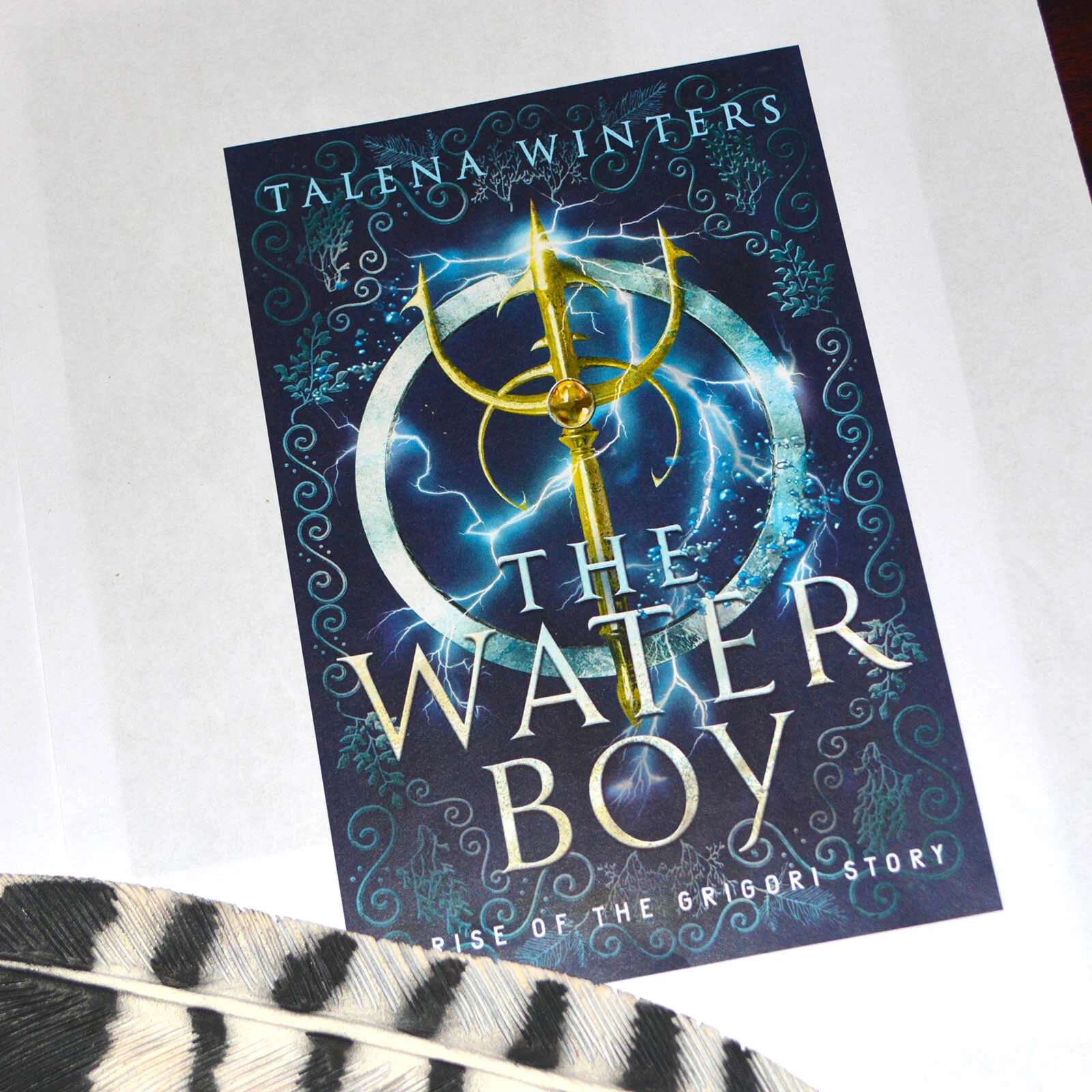 A print-off of the almost-final version of my new cover for The Waterboy. Isn’t it pretty?