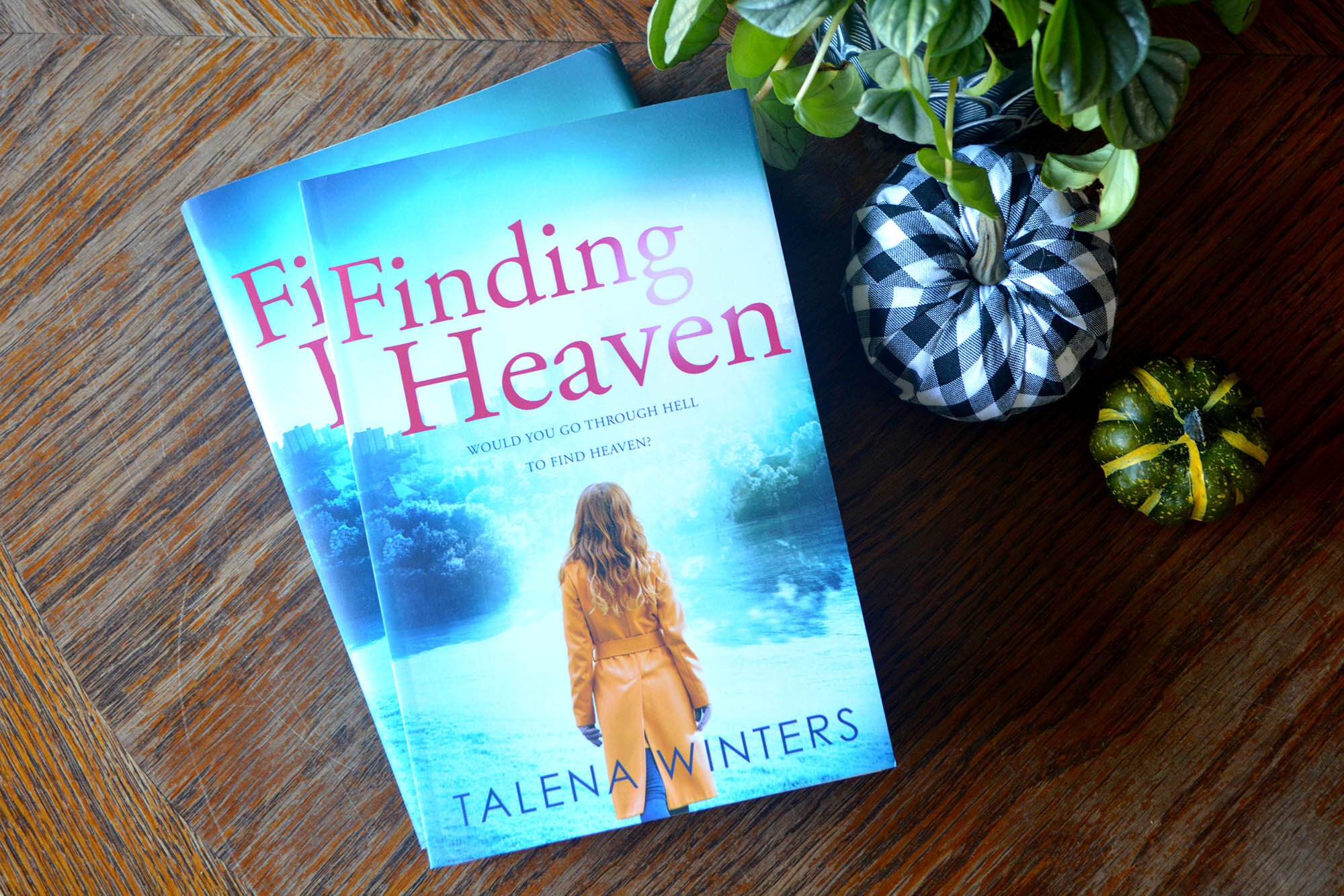  Top view of book stack of  Finding Heaven  by Talena Winters. New cover edition now available in hardcover and paperback. “Would you go through hell to find heaven?” 