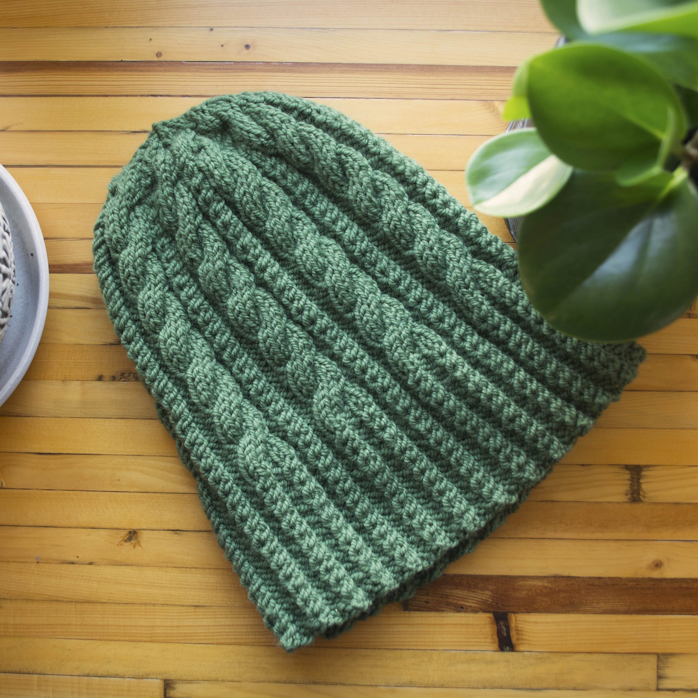  Finished cable-knit beanie with a rounded crown next to a plant on a gold-stained wood surface. 