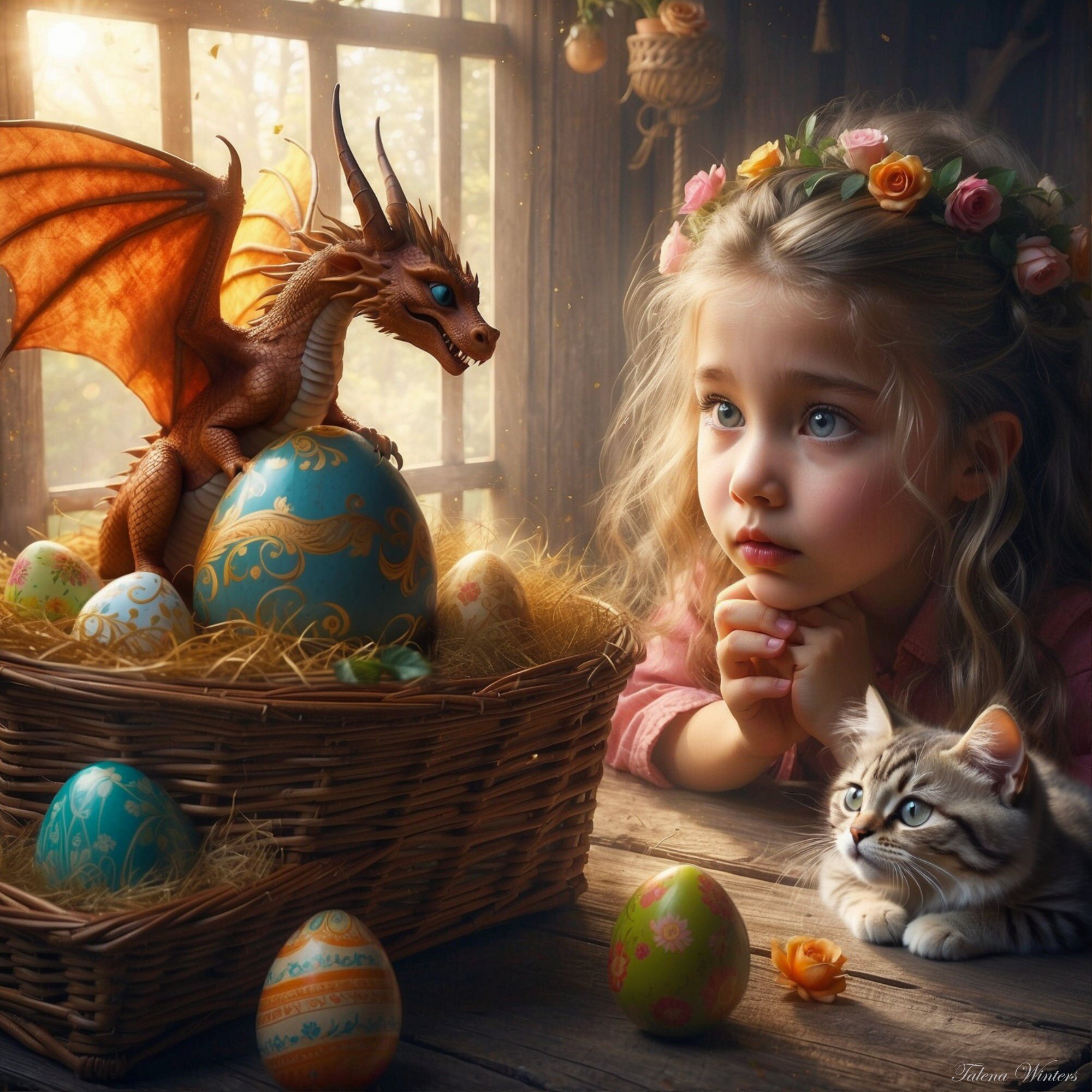 May your Easter weekend be full of blessing and filled with wonder, my friend.

#easter2024 #eastereggs #eastersurprise #fantasyart #childhoodwonder #babydragon #digitalart #digitalartwork #dragonsandcats