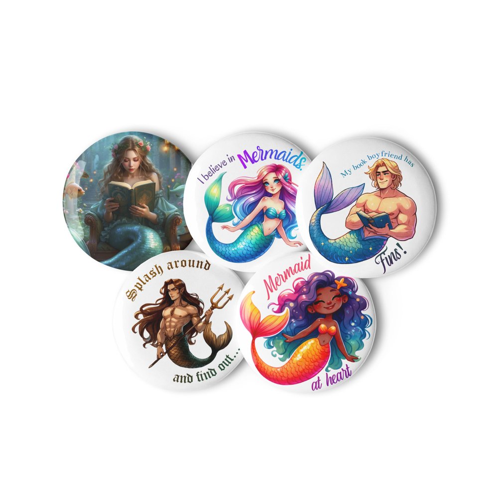 Set of five merman and mermaid pin buttons with text.