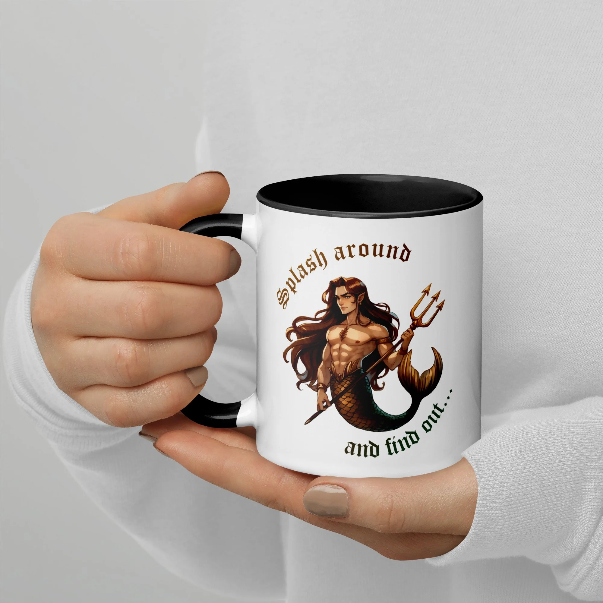 “Splash around and find out” - merman 11-ounce mug with black interior
