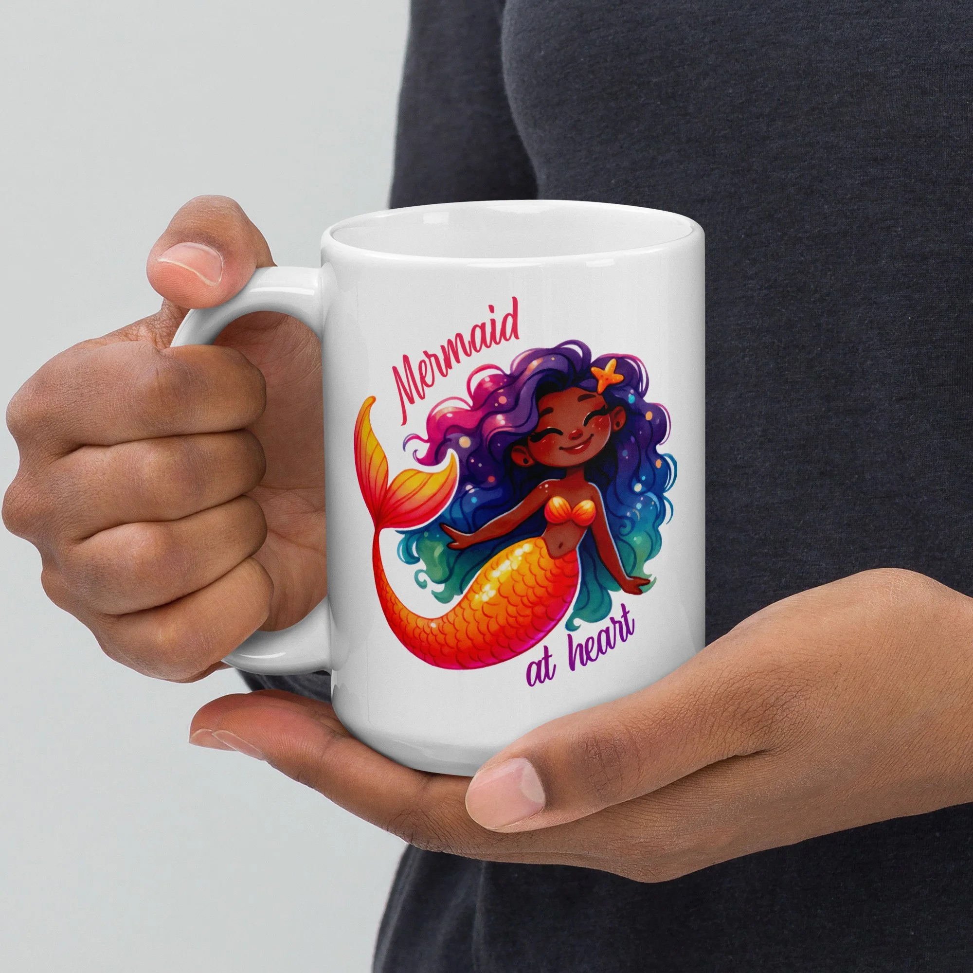 “Mermaid at heart” - large white glossy mug
