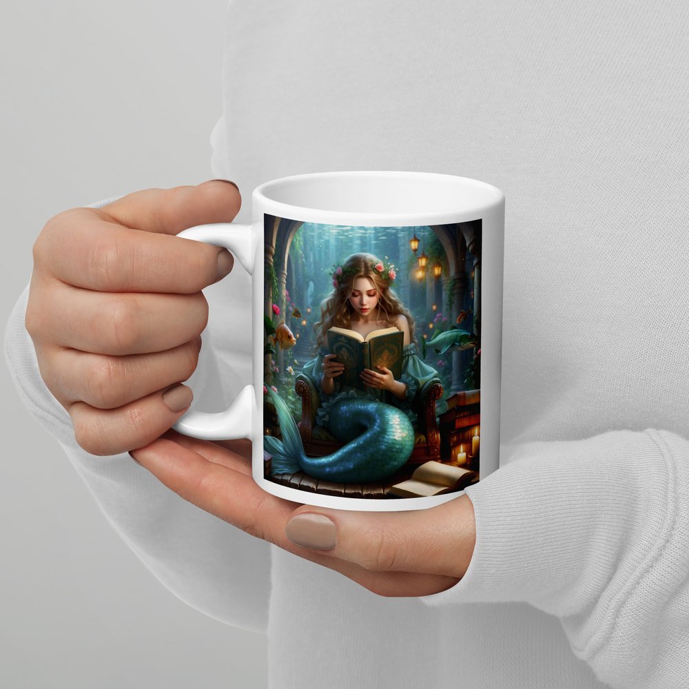 Mermaid Reading in a grotto - white glossy mug