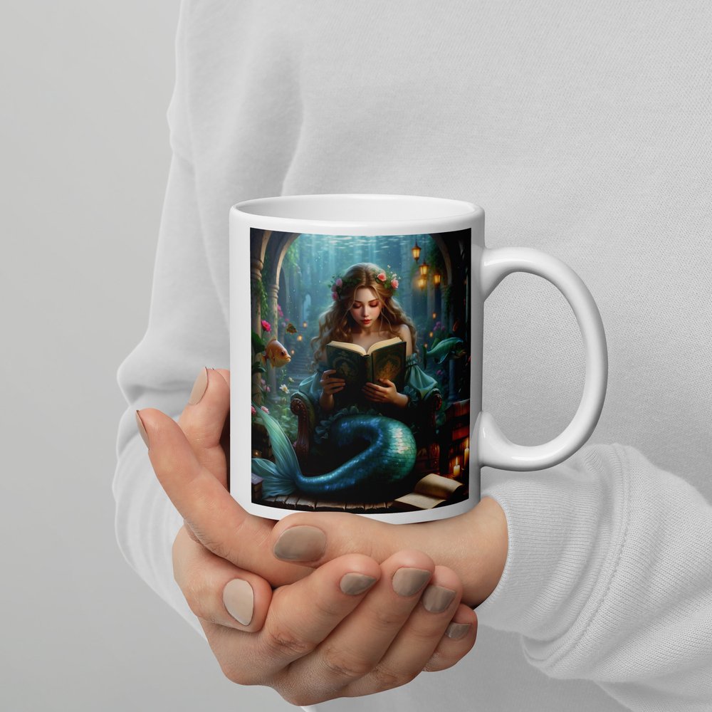 Handle right, 11-ounce white ceramic mug with square image. Image shows photo-realistic fantasy art of a lovely Caucasian mermaid reading on a cozy easy chair in front of an underwater grotto scene.