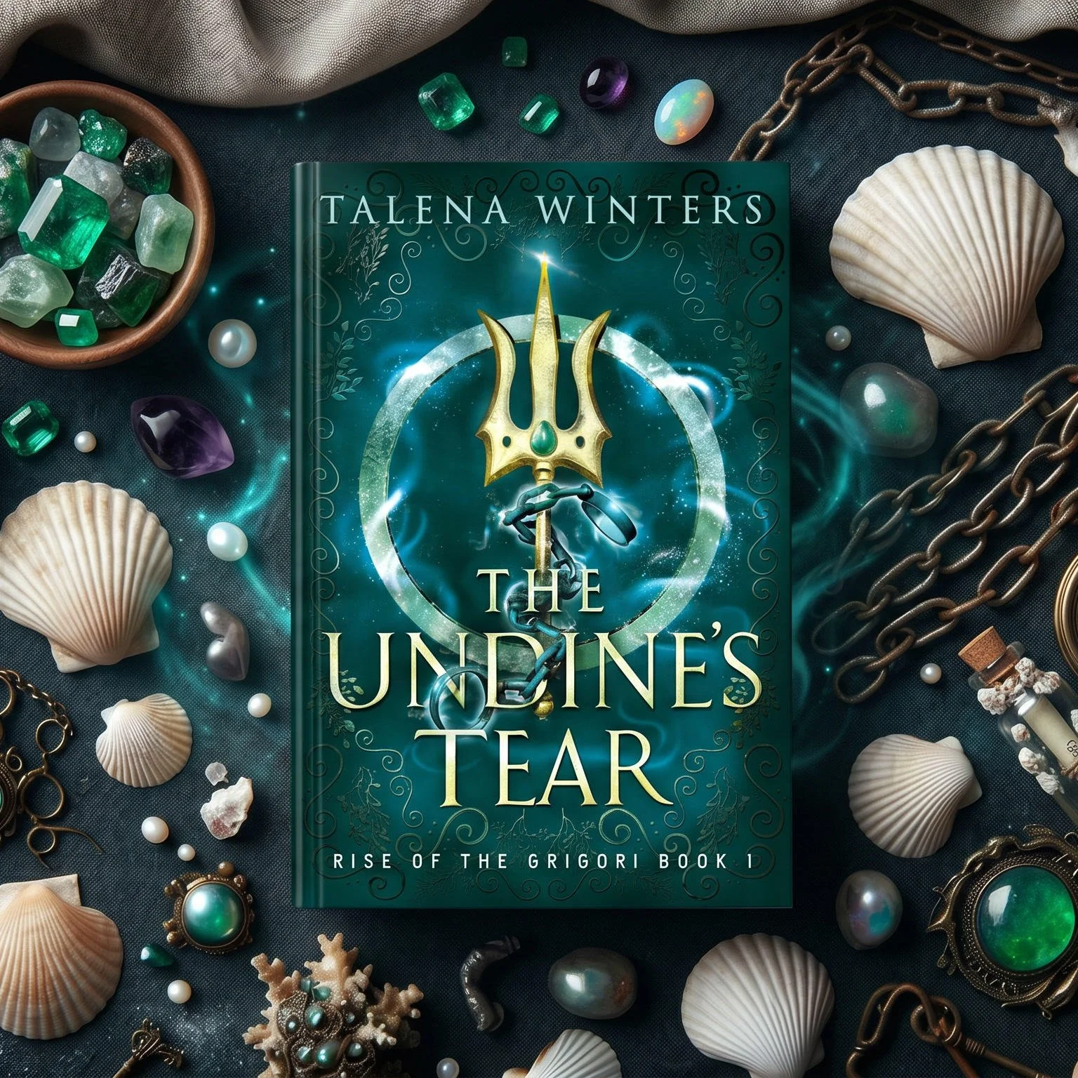 Hardcover of epic mermaid fantasy book The Undine's Tear (Rise of the Grigori Book 1) lays amidst shells, chains, crystals, jewels, and other ocean finds.