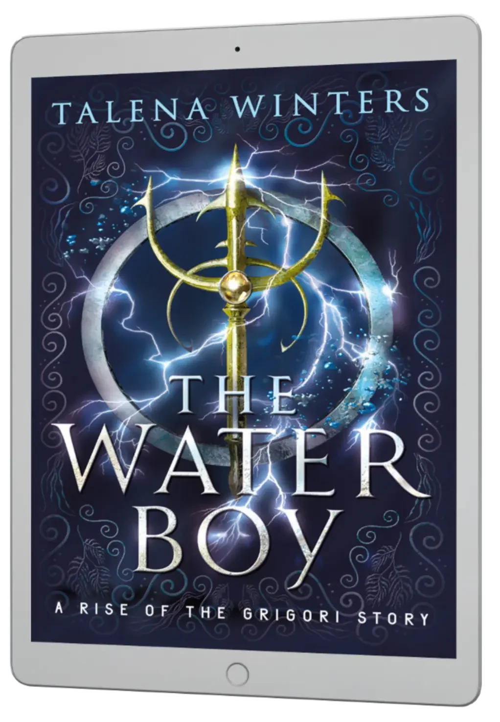 Phone displaying a young adult epic fantasy book cover for The Waterboy (A Rise of the Grigori Story) by Talena Winters, showing a magical trident with arcing lightning. Link goes to book page