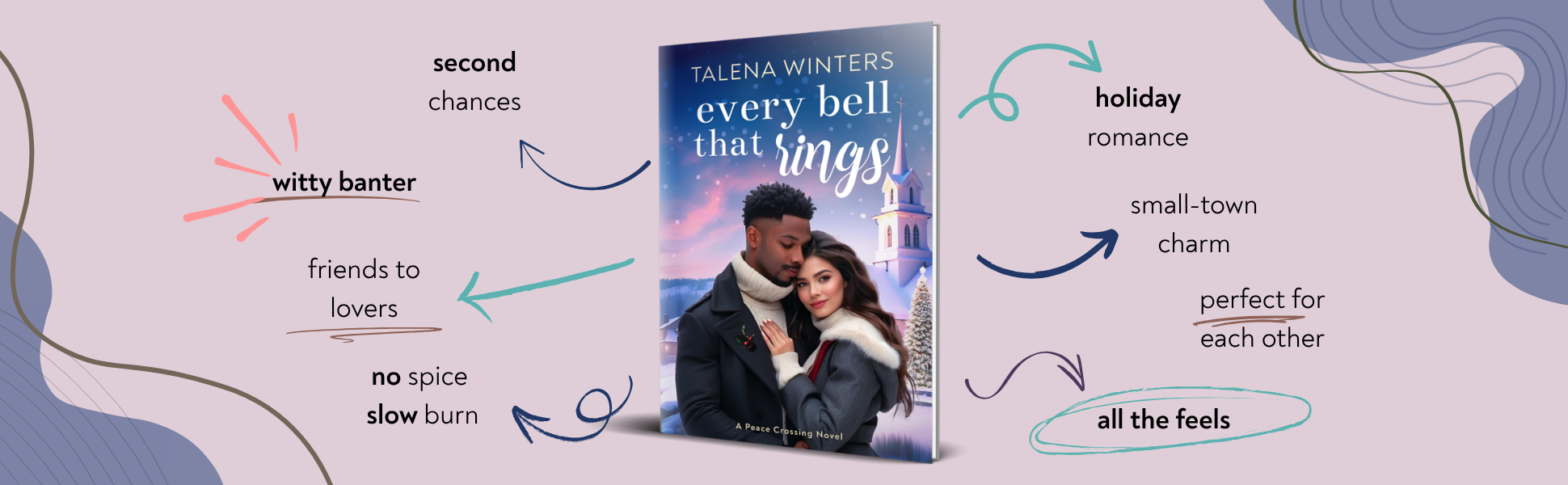 Trope card for second chance slow burn small town Christmas romance Every Bell that Rings by Talena Winters.