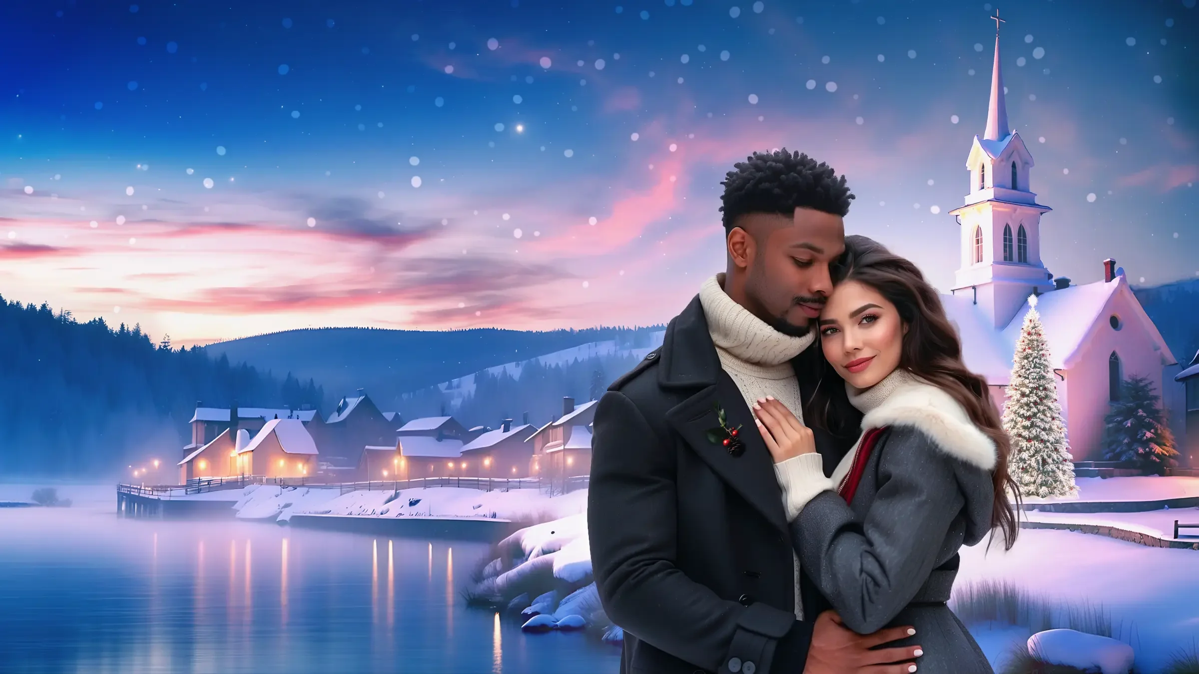 A couple embraces in front of a small town church at Christmas.
