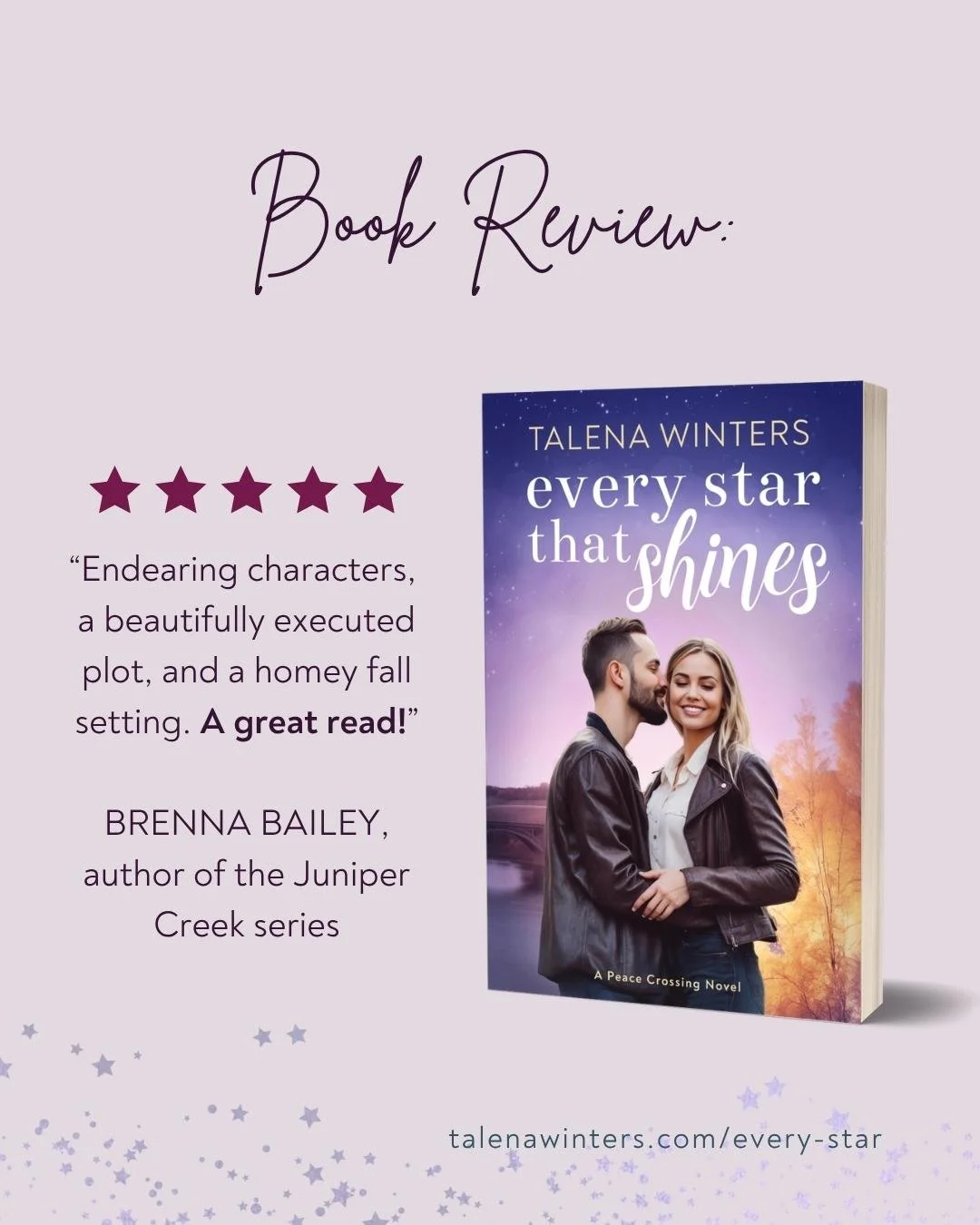 Review: 5/5 Stars. "Endearing characters, a beautifully executed plot, and a homey fall setting. A great read!" - Brenna Bailey, author of the Juniper Creek series