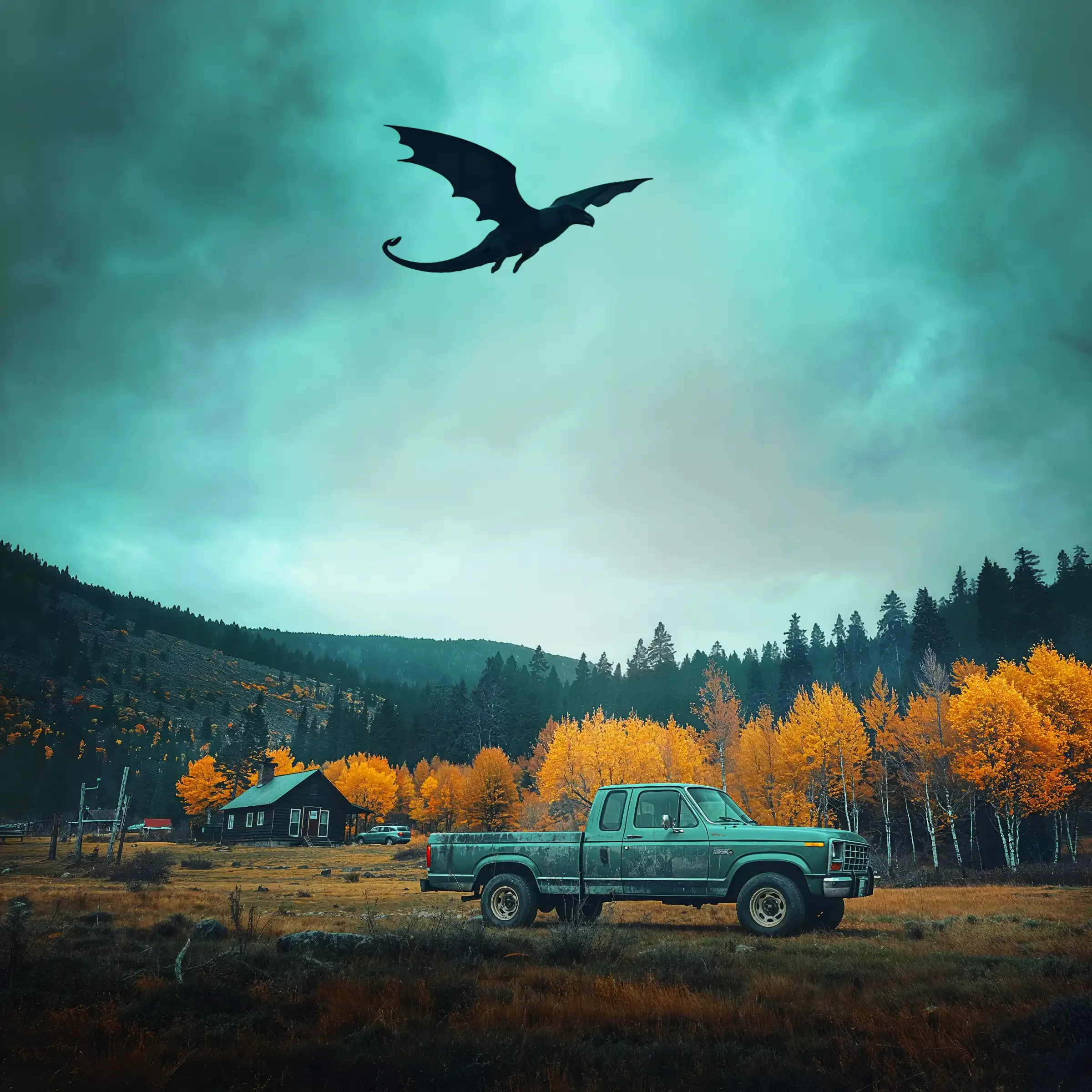 A dragon silhouette flies over a gritty old truck and cabin in the foothills.