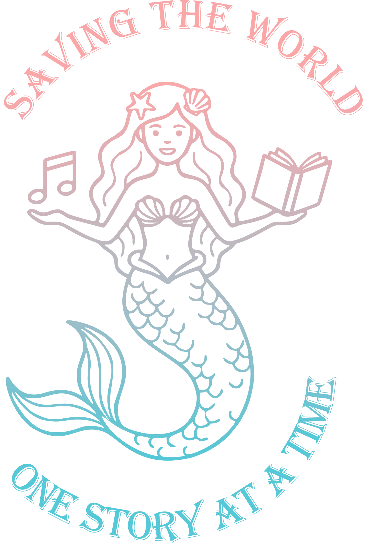 Mermaid holding a music note and a book with the tag line "Saving the world, one story at a time."