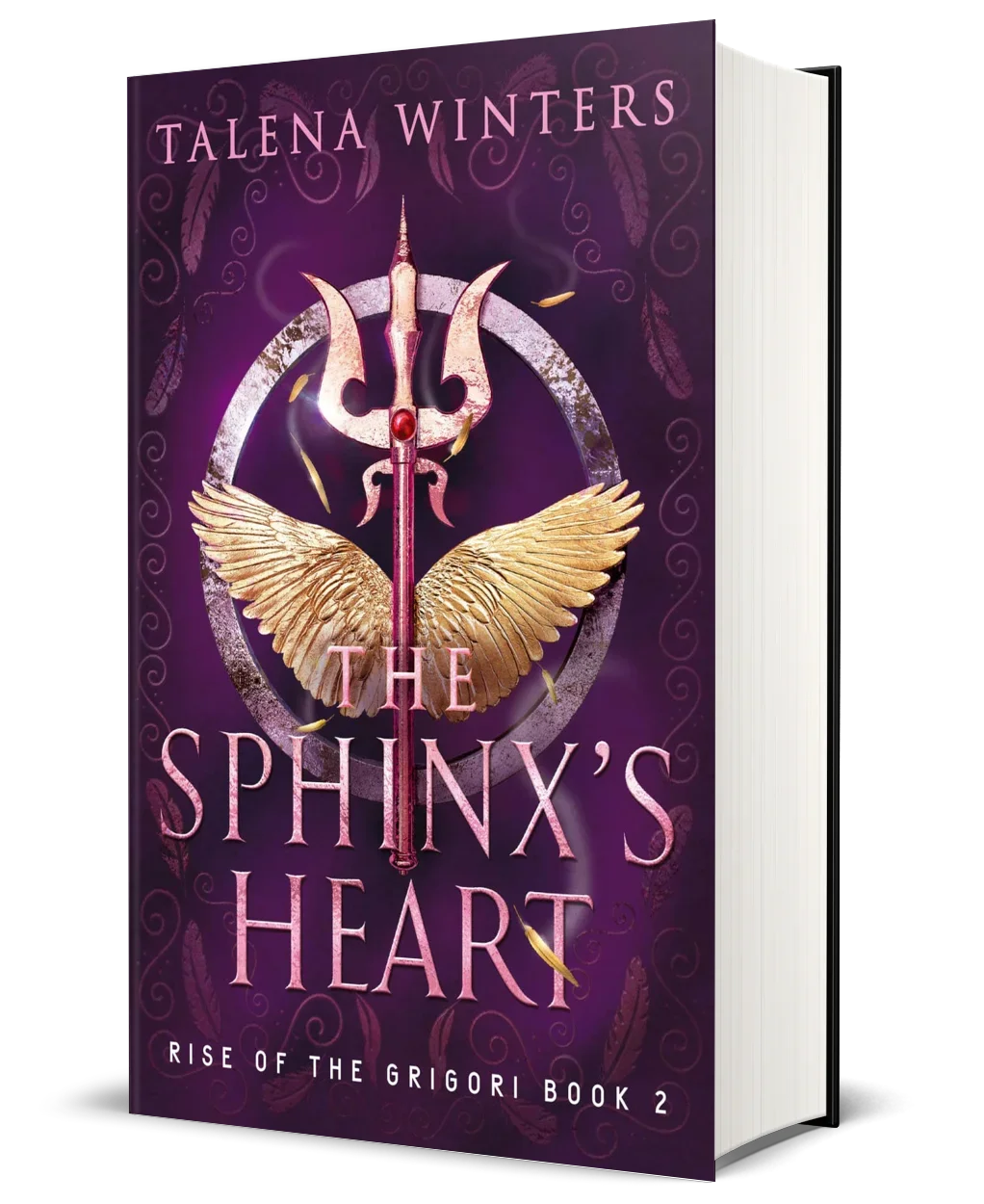 The Sphinx's Heart (Rise of the Grigori Book 2) by Talena Winters, a purple epic young adult mermaid fantasy book with a magical golden winged trident on the cover. Link goes to book page.
