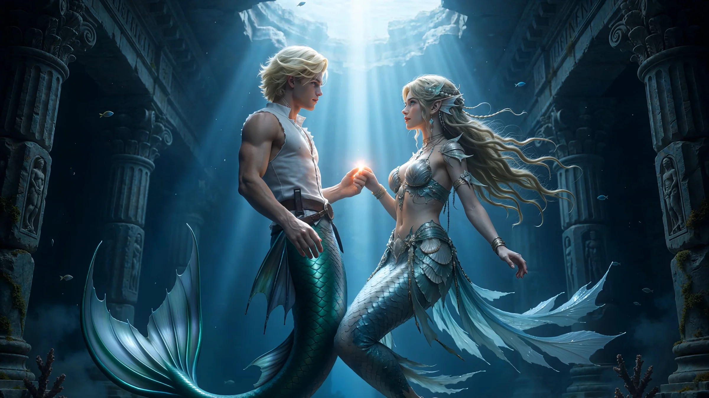 Zale and Damaris holding hands underwater in Atlantis