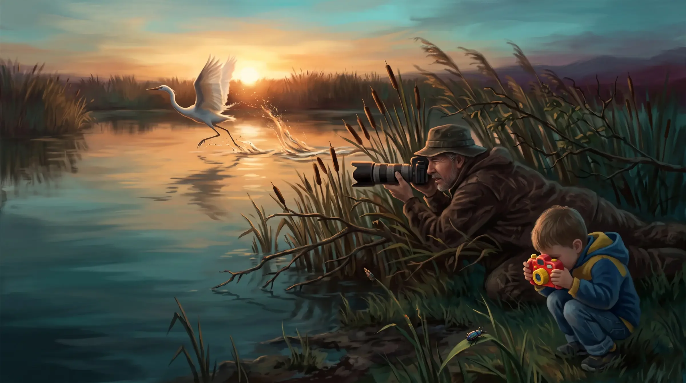A skilled photographer captures a crane in flight while his young son photographs a bug.