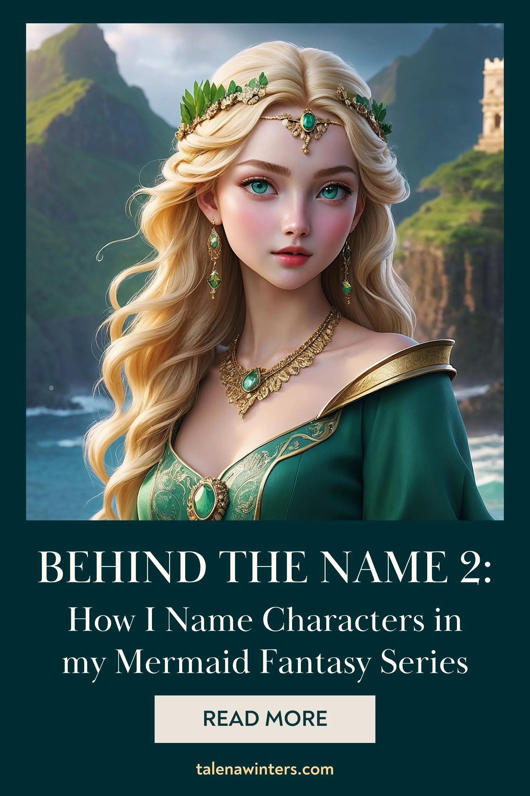 Title pin: Behind the Name 2: How I Name Characters in my Mermaid Fantasy Series, featuring a blond mermaid princess on a tropical island kingdom.
