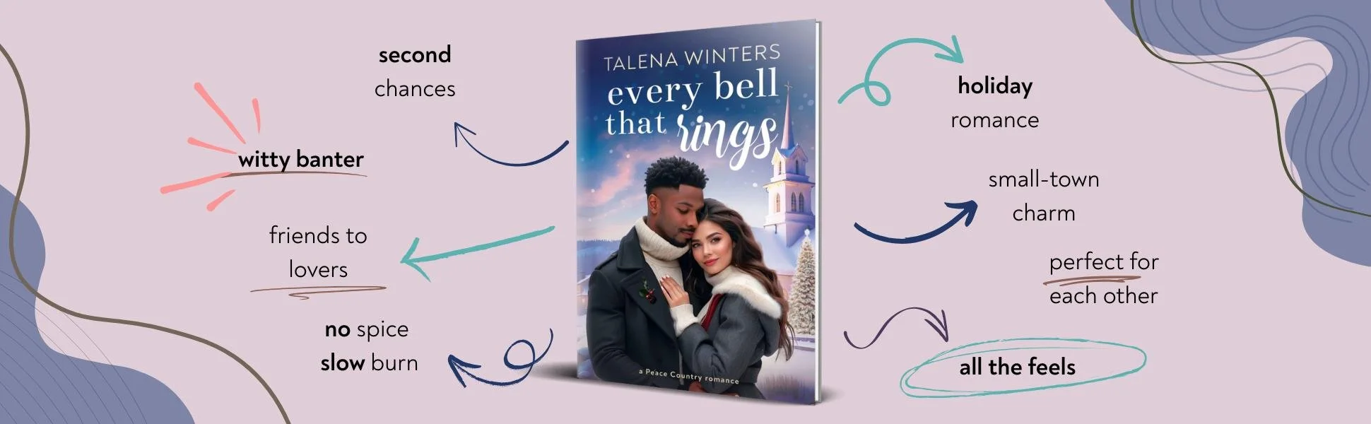 Trope card for second chance slow burn small town Christmas romance Every Bell that Rings by Talena Winters. Link goes to main book page.