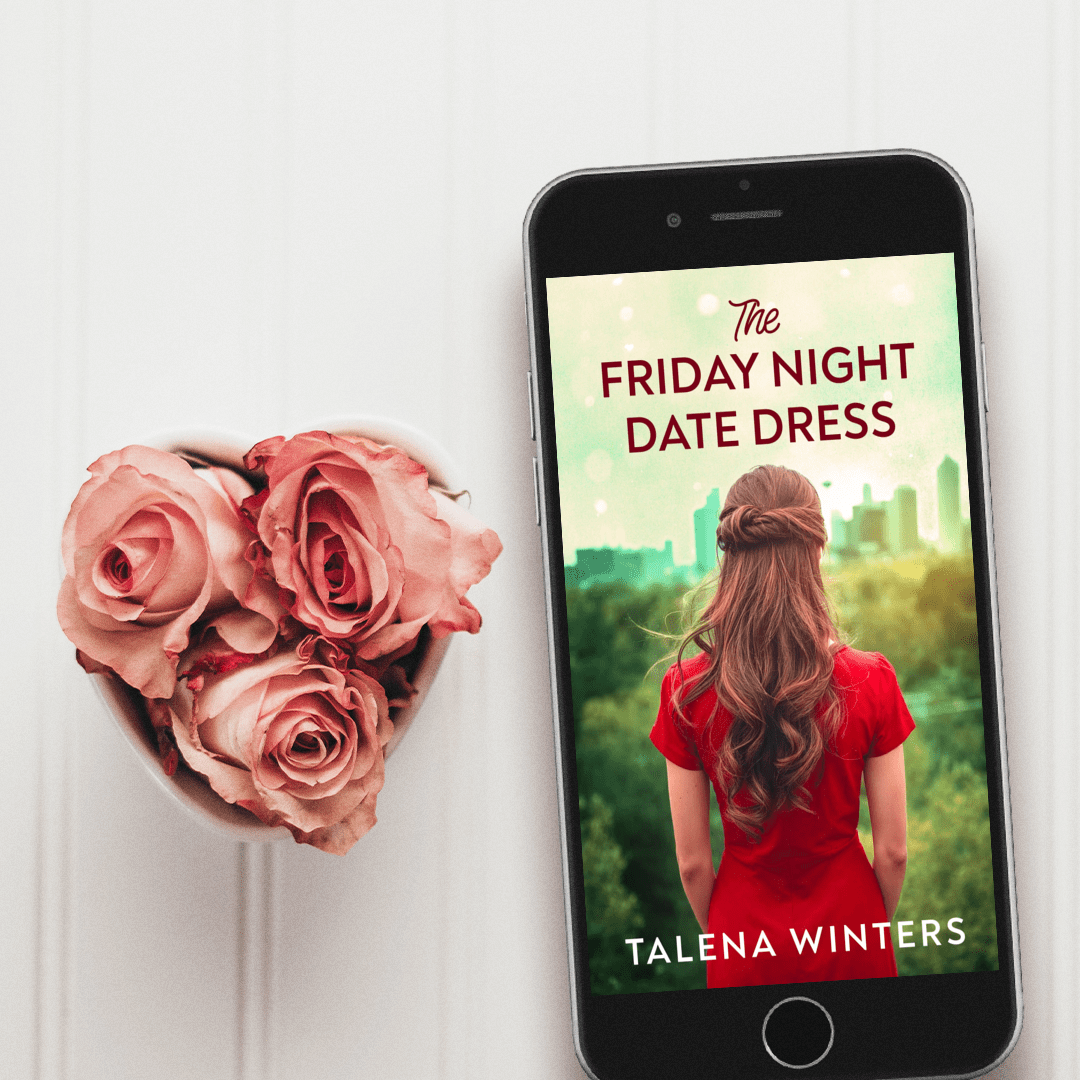 Ebook for sweet romantic women's fiction The Friday Night Date Dress next to a heart-shaped bowl of dusty pink roses.