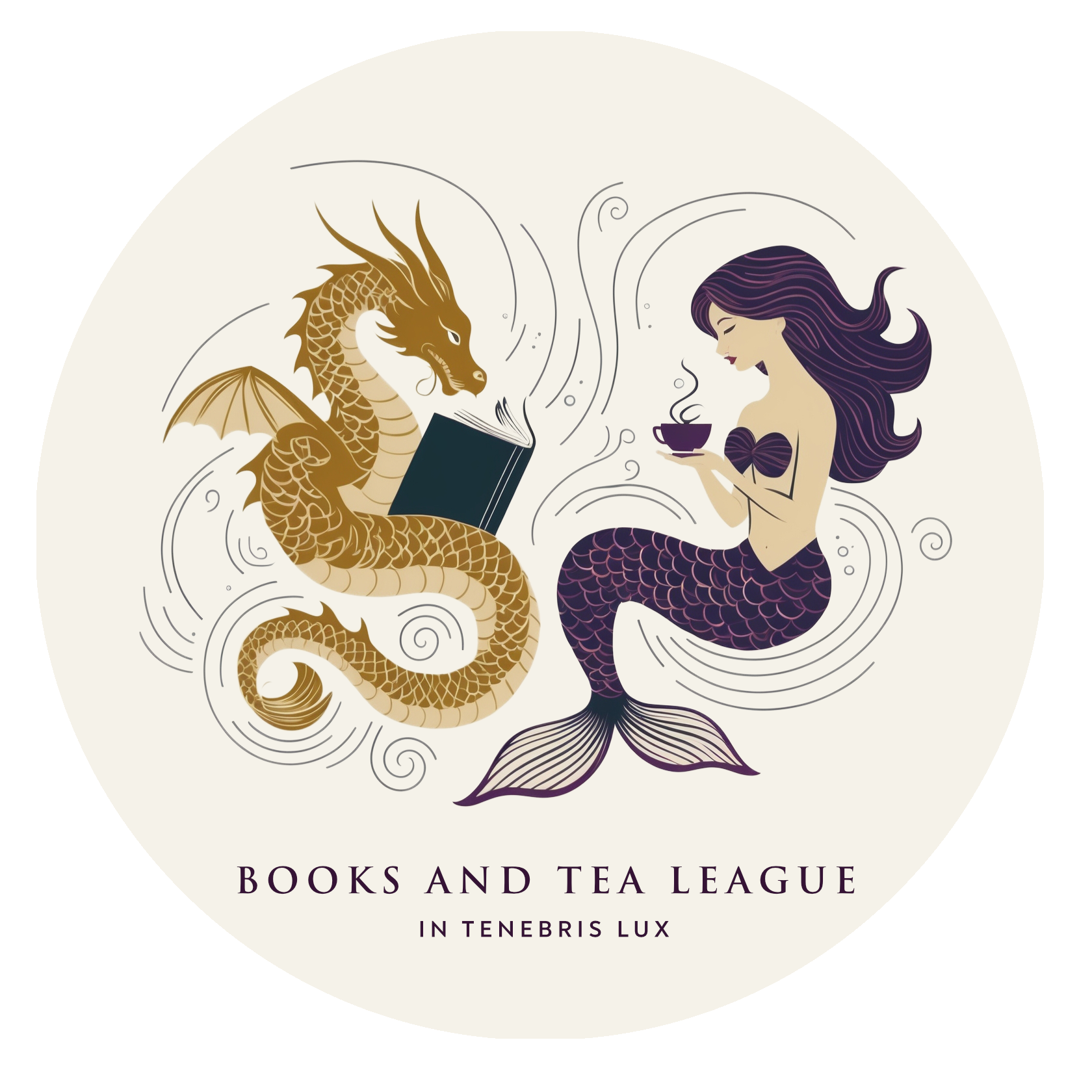Books and Tea League logo with a dragon reading and a mermaid drinking tea. In tenebris lux (Shining light in the darkness).